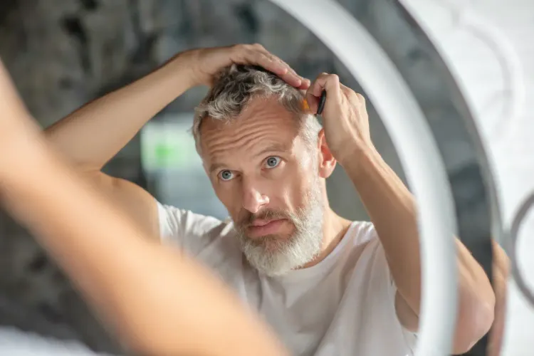 A concerned middle-aged man checking his receding hairline in the bathroom mirror, illustrating symptoms of male pattern baldness and DHT-related hair thinning.